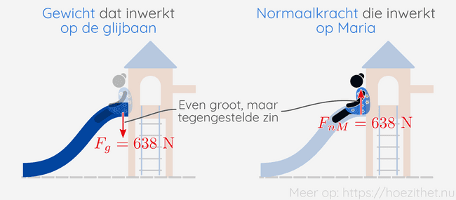 Gewicht en normaalkracht zijn gelijk maar hebben een tegengestelde zin